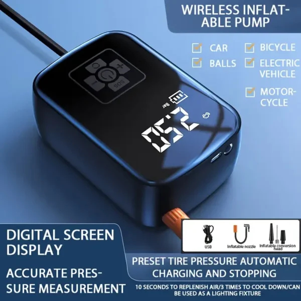 Compresor de aire inalámbrico para coche, bomba de aire eléctrica, inflador de neumáticos para motocicleta, bicicleta, neumático de coche con pantalla Digital